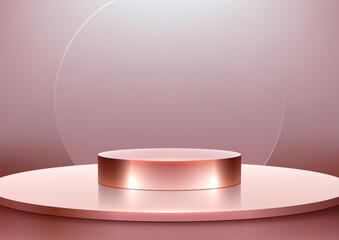 Luxury 3D Rose Gold Metallic Circular Podium with Glass Backdrop on Pink Background for Product Display, Mockup