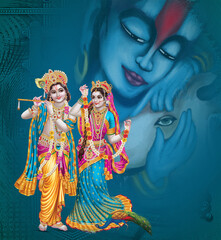 Fototapeta premium 3d illustration of Indian god Radha Krishna with texture background for interior decoration wallpaper.