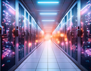 A brightly lit server room corridor with glowing server racks, showcasing advanced technology infrastructure and vibrant lighting effects, representing modern data management and IT systems.