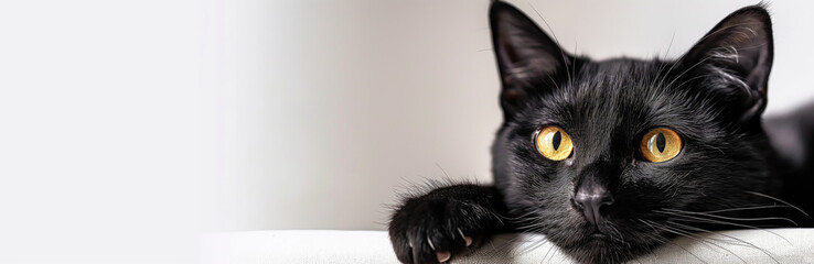 Close Up of Black Cat with Yellow Eyes Resting on White Background with Copy Space. National Black Cat Day,National Cat Day,Black Cat Appreciation Day,International Cat Day, Defy Superstition Day.