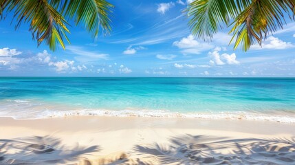 Tropical summer sand beach and palm on sea sky background, copy space