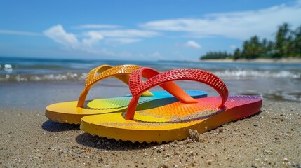 Obraz premium Vibrant Flip-Flops Adorning Sandy Beach Paradise