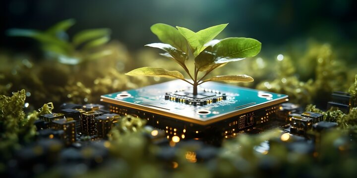 Ecofriendly circuit board with plant symbolizes sustainable technology and green innovation. Concept Sustainable Technology, Eco-friendly Innovation, Circuit Board Art, Green Technology