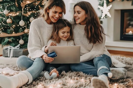 During the festive holiday season, families come together to share the tradition of online Christmas shopping next to a cozy fireplace, celebrating with love and togetherness in a joyful atmosphere