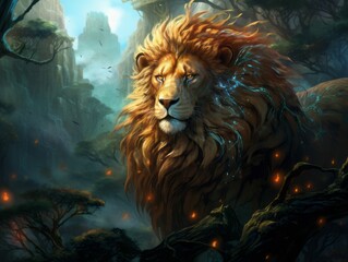 Leo zodiac sign, majestic lion profile with a golden mane against a serene sky.
