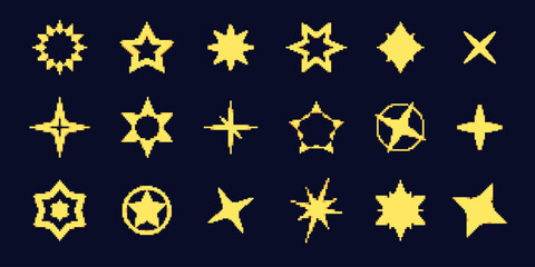 8bit pixel star icon set. Bright yellow sparkle symbol collection. Sparkling stars, glitter, sparkles. Starry sky
