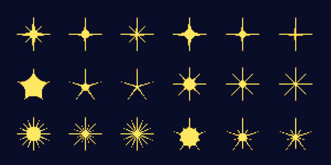8bit pixel star icon set. Bright yellow sparkle symbol collection. Sparkling stars, glitter, sparkles. Starry sky