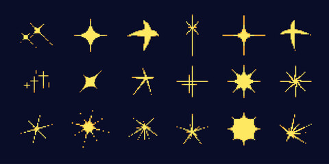 8bit pixel star icon set. Bright yellow sparkle symbol collection. Sparkling stars, glitter, sparkles. Starry sky