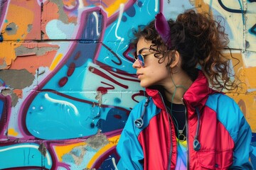Obraz premium Woman in red and blue jacket standing beside wall with graffiti