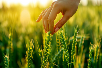Closeup a hand touching green grass wheat field on morning light.ai generative