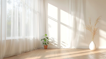 Bright Modern Living Room with Potted Plant by the Window - Sunlit Interior Design with Cozy Ambiance and Greenery