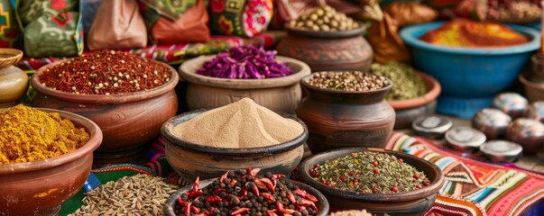 Colorful Spices in Clay Pots at a Traditional Market