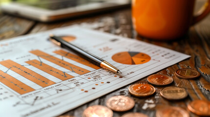 A pen rests on a financial chart, displaying bar graphs and a pie chart, with scattered coins lying on a wooden table in the foreground