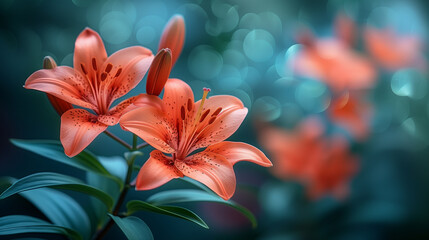 Obraz premium A close-up photograph of a cluster of orange lilies with soft bokeh in the background. The flowers are in full bloom, showcasing their intricate details
