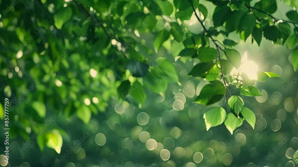 Poster Lush green leaves hanging down from a tree branch with a gentle sway in the breeze, Canopy of leaves swaying in the breeze