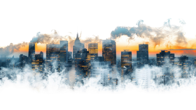 Photograph of a smoke frame encasing a vibrant cityscape, highlighting the urban pulse and energy, on a transparent background.