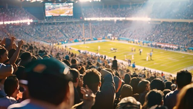 A massive gathering of spectators cheering and watching a sporting event in a lively atmosphere, Capture the energy and excitement of a crowd at a sporting event