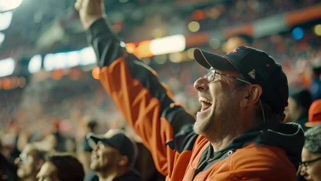 A man energetically cheers in an orange jacket, surrounded by a lively crowd, Capture the energy and excitement of a crowd at a sporting event