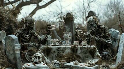 Skeletons enjoy a spooky tea party in a graveyard, surrounded by tombstones and eerie decor.