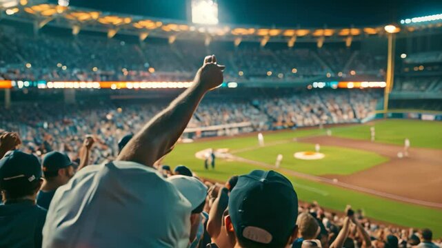 Crowd of diverse people cheering and clapping as they watch a baseball game in a packed stadium, Capture the energy and excitement of a crowd at a sporting event