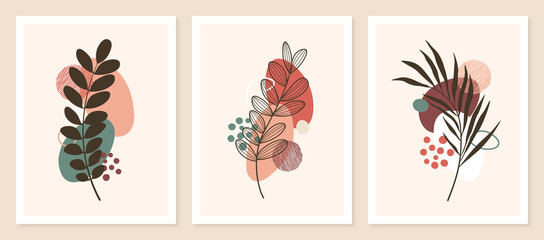 Foliage line art drawing with abstract shape. Abstract Plant Art design for print, cover, wallpaper, Minimal and natural wall art.