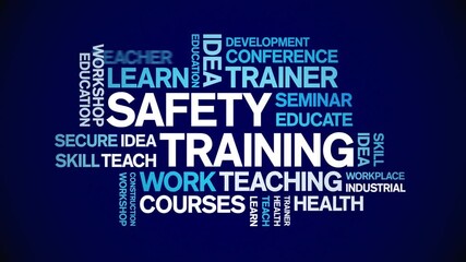 Safety Training animated word cloud;text design animation tag kinetic typography seamless loop.