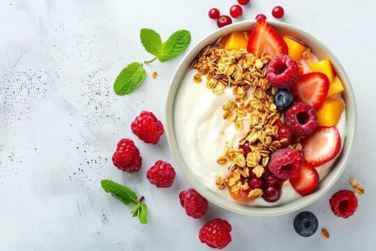 Healthy breakfast bowl with yogurt, granola, and fresh fruit including raspberries, strawberries, blueberries, and peaches on a white background. - Powered by Adobe