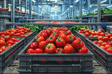 Tomatoes in boxes at a vegetable factory or warehouse, conveyor line