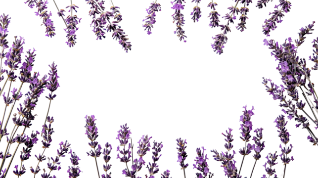 Photograph of a rustic floral frame crafted from dried lavender sprigs, exuding a calming and earthy aesthetic against a transparent backdrop.