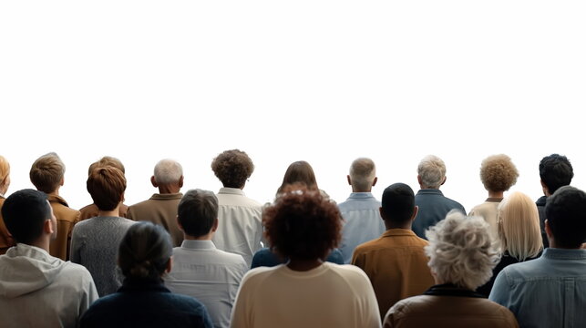 a crowd of people praying with their front turned on white backdrop