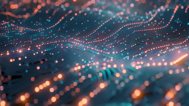 A detailed view of a computer circuit board with vibrant blue and orange lights indicating activity, Capturing the essence of machine learning algorithms