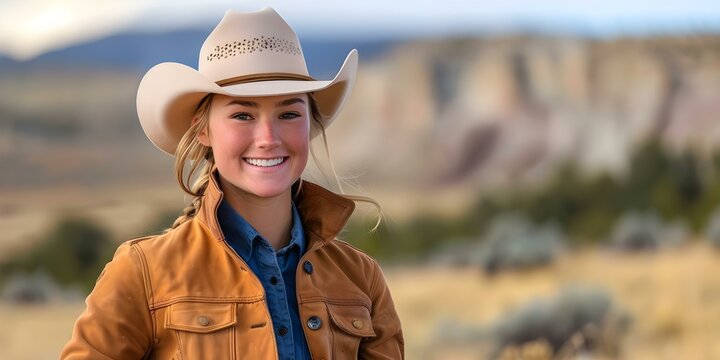 Fit cowgirl in riding gear poses in scenic field. Concept Cowgirl Photoshoot, Field Setting, Riding Gear, Fit Model, Scenic Background