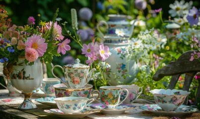 A delightful afternoon tea scene set in a garden, featuring a variety of elegant teacups and saucers, surrounded by lush greenery and colorful flowers