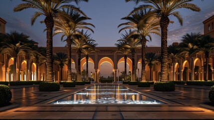 Luxurious resort hotel garden design with arcade arcs.