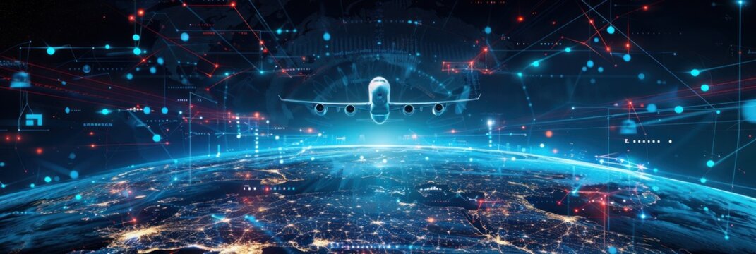 Technology Airplane fly on world map, concept of global network and connectivity, international data transfer and cyber technology, worldwide business, information exchange and telecommunication.