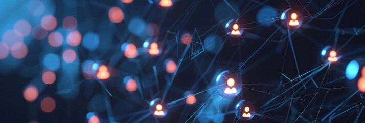 Digital background with social network connection icons and people icon in the style of dark blue background.
