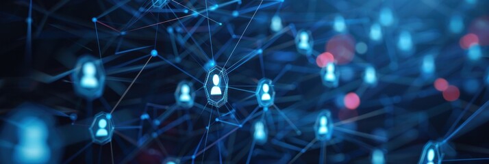 Digital background with social network connection icons and people icon in the style of dark blue background.
