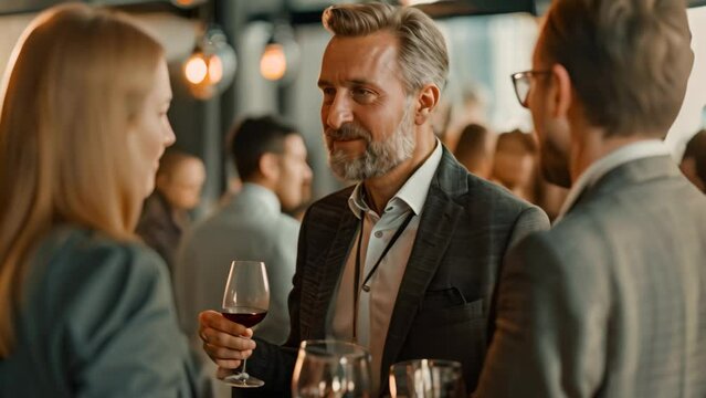 Corporate CEOs mingling and networking around a table with wine glasses during a cocktail event, CEOs mingling and networking at a corporate cocktail reception