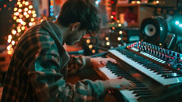 A man seated in front of a keyboard in a recording studio, focused on creating music, Challenge yourself to create a unique and engaging composition with noise
