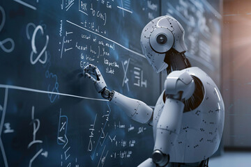 A humanoid robot writing complex equations on a blackboard, surrounded by mathematical formulas and diagrams. Rendered in the style of photorealistic art with focus on the details of humanlike facial 