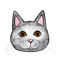 Illustration of a cat portrait. Black outline. Gray color. Isolated on white background. Funny head. Looks in front. Big orange eyes. Pink ear and nose. Watercolor blur.