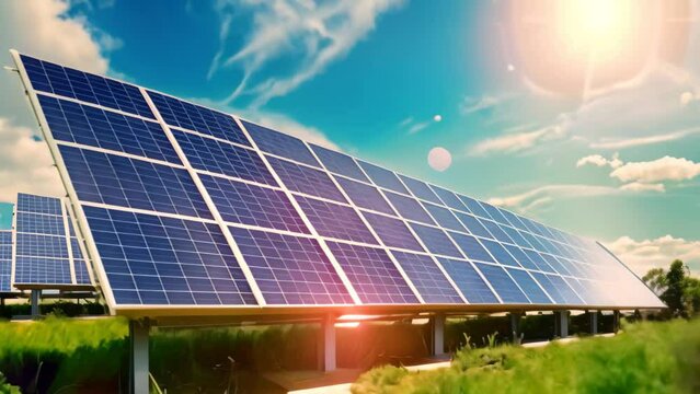Solar panels in a row on a vibrant green field under the sun, Check the alignment of solar panels and adjust as needed for optimal sun exposure