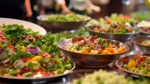 Close-up view of various bowls filled with food arranged neatly on a table by chefs preparing a gourmet salad, Chefs preparing a gourmet salad with a variety of toppings