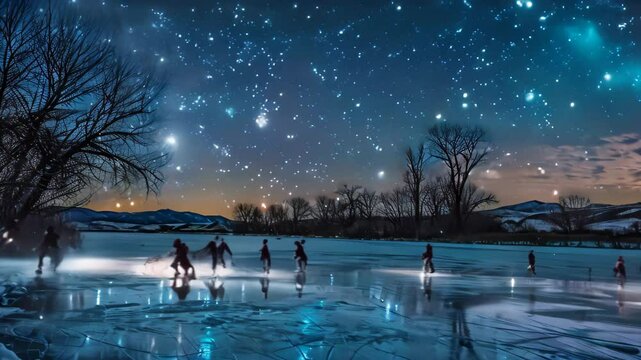 Children and adults skating on a frozen pond illuminated by night lights, under a starry sky, Children ice skating on a frozen pond under the stars