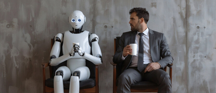 A man in a business suit and a white robot holding a coffee cup sit on chairs next to each other, waiting for a job interview against a gray background. A human-like droid in the style