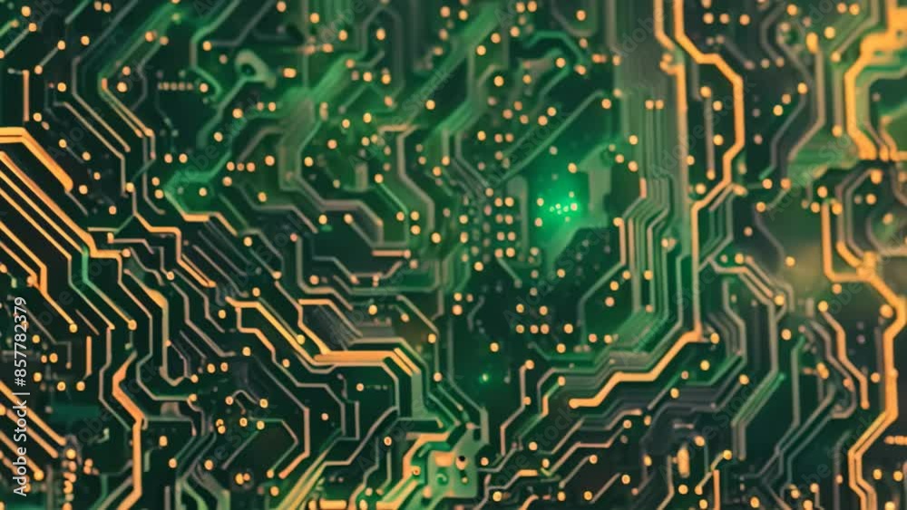 Poster various colors merge on a computer circuit board, creating a vibrant and chaotic pattern, circuit bo