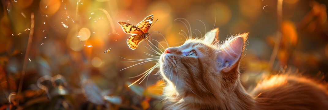 curious cat gazes up in wonder at a delicate butterfly perched on its nose, creating a magical moment of unexpected harmony.