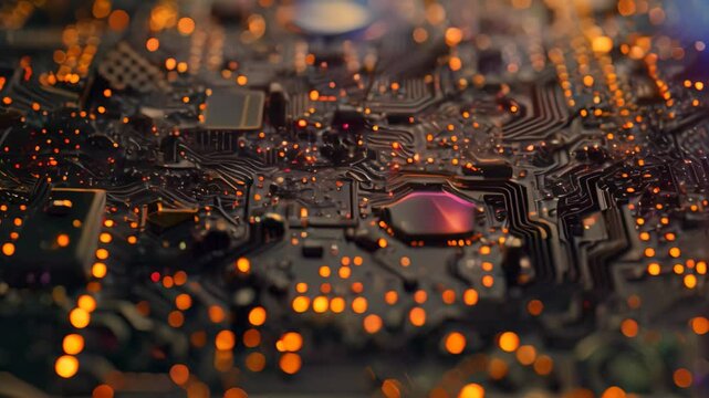 Detailed view of a computer circuit board with intricate patterns blending into chaos, Circuit board patterns melting into chaos