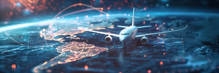 Technology Airplane fly on world map, concept of global network and connectivity, international data transfer and cyber technology, worldwide business, information exchange and telecommunication.