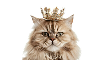 Photograph of a Persian cat with a crown on its head, looking like a regal monarch against a transparent background